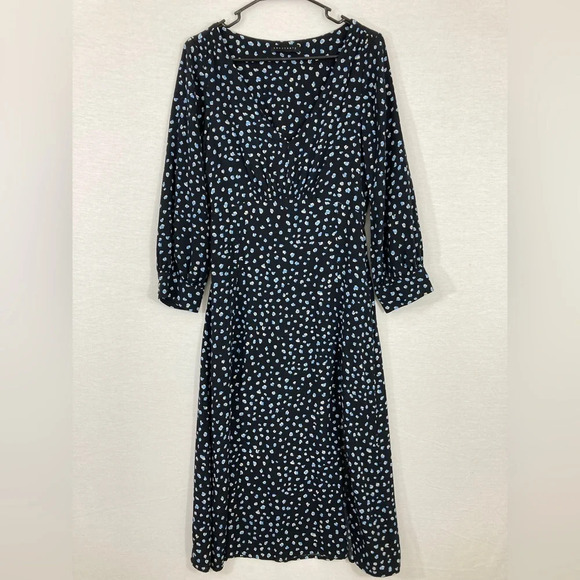 Sanctuary Blue Black Polka Dot Front Slit V-Neck Midi Dress Medium - Picture 1 of 13